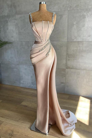 Royal Blue Long Mermaid Straps Satin Appliques Bead Evening Dresses