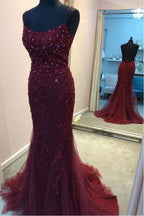 Straps Mermaid Burgundy Long Prom Dress Evening Dress PSK191