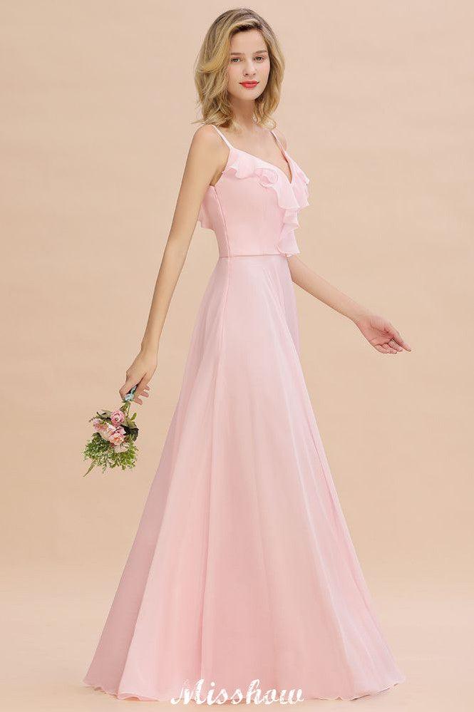 Straps Sweetheart Pink Bridesmaid Dress Backless Chiffon Evening Party Dress