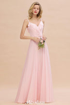 Straps Sweetheart Pink Bridesmaid Dress Backless Chiffon Evening Party Dress