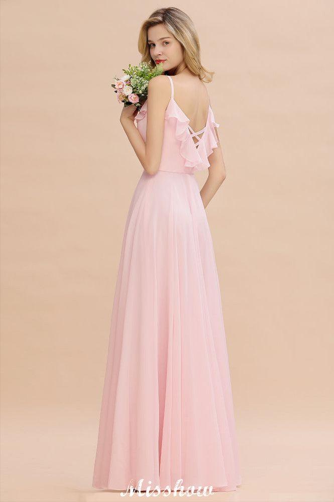 Straps Sweetheart Pink Bridesmaid Dress Backless Chiffon Evening Party Dress