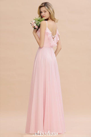 Träger Sweetheart Rosa Brautjungfernkleid Rückenfreies Chiffon Abendkleid