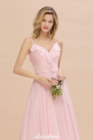 Träger Sweetheart Rosa Brautjungfernkleid Rückenfreies Chiffon Abendkleid