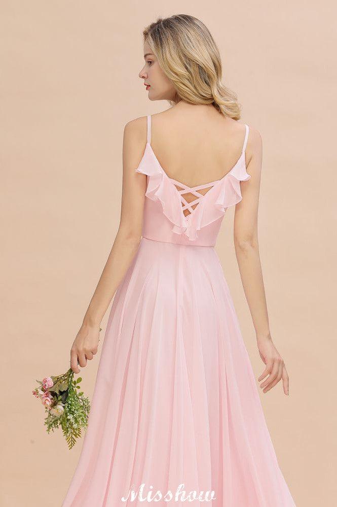 Straps Sweetheart Pink Bridesmaid Dress Backless Chiffon Evening Party Dress