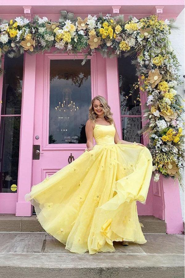 Straps 3D Flowers With Lace Up Yellow Long Prom Dress PSK198
