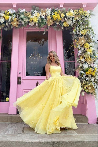 Träger 3D Blumen mit Schnürung Gelb Langes Ballkleid PSK198