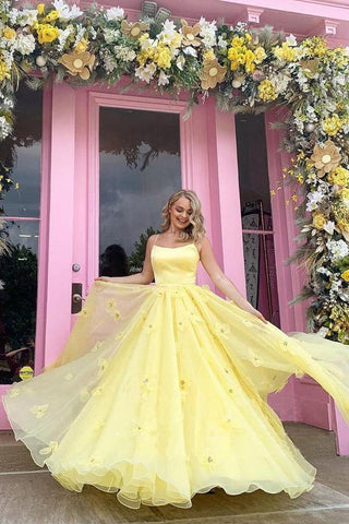 Träger 3D Blumen mit Schnürung Gelb Langes Ballkleid PSK198