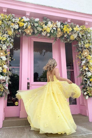 Träger 3D Blumen mit Schnürung Gelb Langes Ballkleid PSK198