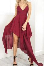 Träger V-Ausschnitt Burgunder Hoch-Tief Partykleid Homecoming-Kleider PD310