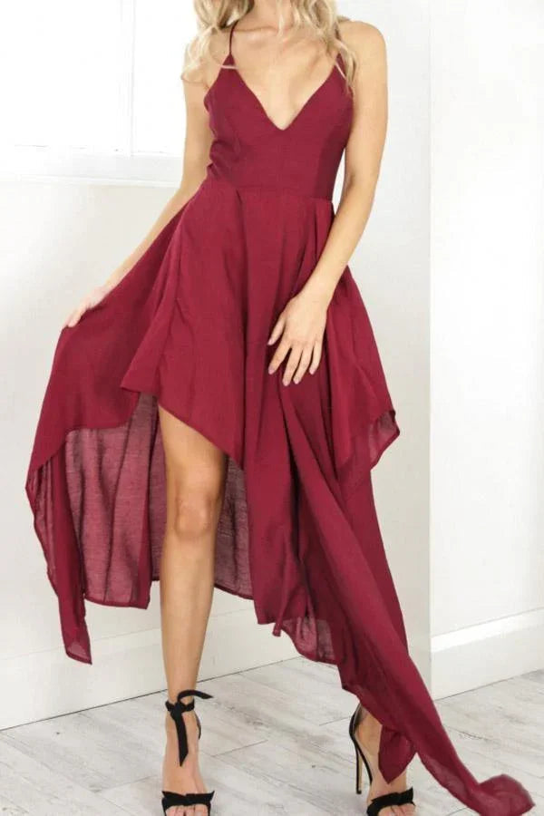 Correas Escote en V Borgoña Largo Desigual Vestido de Fiesta Vestidos para el Baile de Bienvenida PD310
