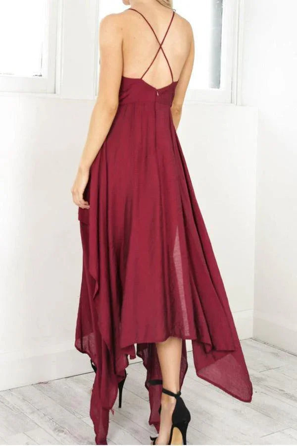 Träger V-Ausschnitt Burgunder Hoch-Tief Partykleid Homecoming-Kleider PD310