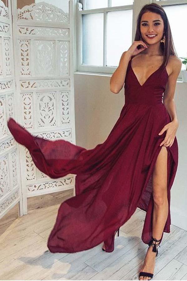 Correas Escote en V Borgoña Largo Desigual Vestido de Fiesta Vestidos para el Baile de Bienvenida PD310
