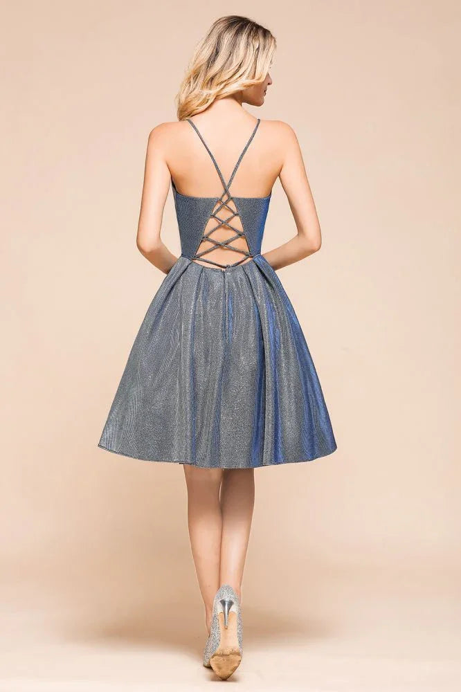 Stunning Double V-Neck Bright Silk Mini Party Dress Sleeveless Homecoming Dress