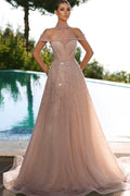 Abito da Ballo Sfavillante a Linea A Lungo Scollato sulle Spalle con Paillettes