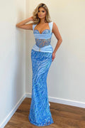 Abito da Sera da Ballo Formale in Tulle Strabiliante con Spalline Lunghe da Sirena e Paillettes