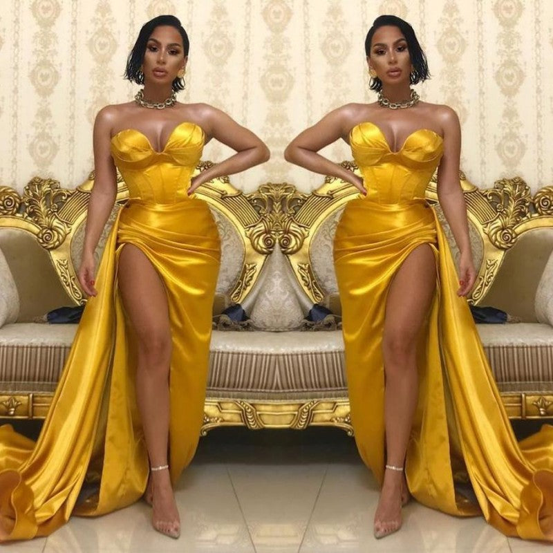 Vestidos de baile deslumbrantes, compridos, estilo sereia, com racha lateral