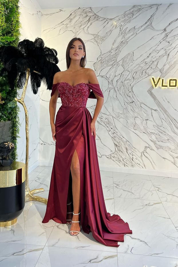 Stunning Long Off The Shoulder Satin Mermaid Prom Dress with Slit