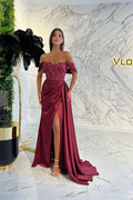 Robe de bal satinée sirène épaule tombante longue et éblouissante avec fente