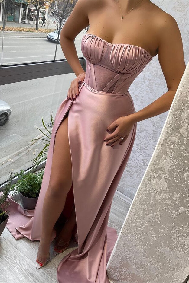 Stunning Long Strapless Ruffles Satin Mermaid Prom Dress with Slit