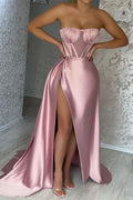 Vestido de Fiesta de Sirena de Satin con Impresionantes Volantes Largos Sin Tirantes y Abertura