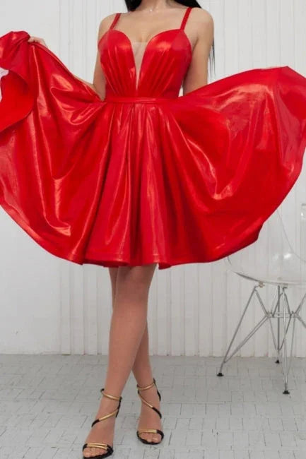 Vestidos de Baile de Regreso al Hogar Impresionantes, Cortos, Rojos, en Línea A, con Tirantes Espagueti y Escote en V