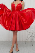 Vestidos de Baile de Regreso al Hogar Impresionantes, Cortos, Rojos, en Línea A, con Tirantes Espagueti y Escote en V