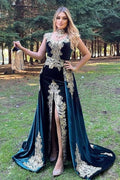 Atemberaubendes Abendkleid aus Samt, ärmellos, mit goldenen Applikationen, formelles Kleid mit abnehmbarer Schleppe und Seitenschlitz