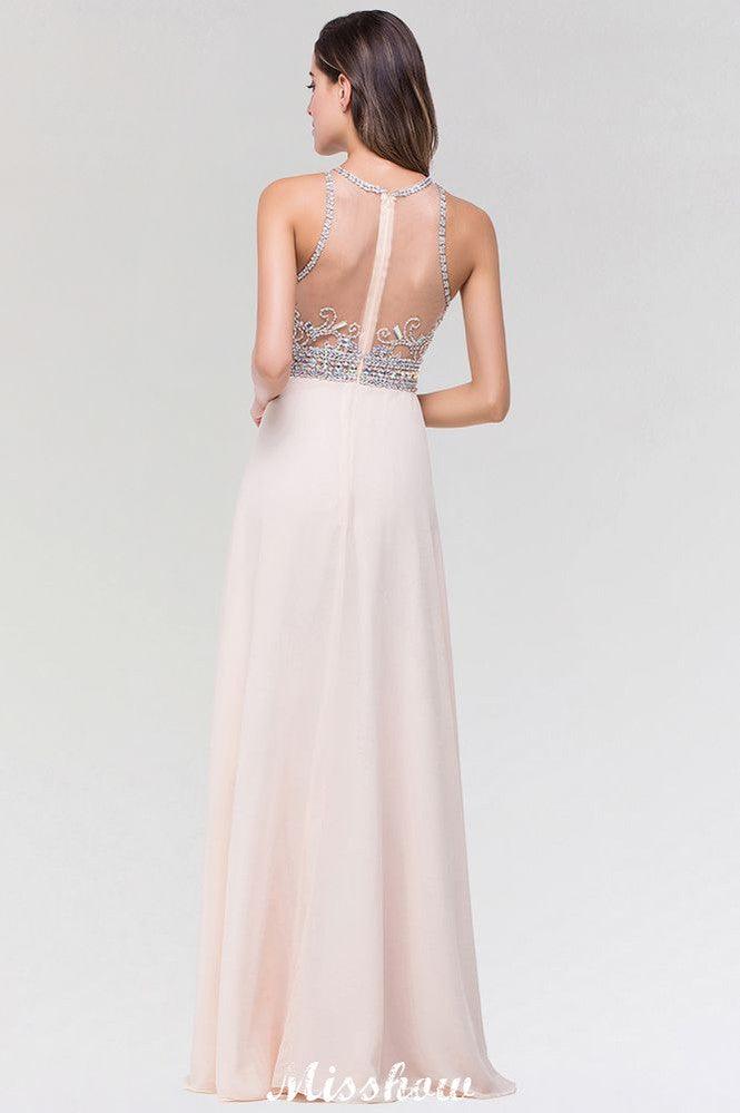 Stylish A-Line Chiffon Tulle Scoop Sleeveless Floor-Length Bridesmaid Dress with Beadings