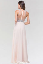 Stylish A-Line Chiffon Tulle Scoop Sleeveless Floor-Length Bridesmaid Dress with Beadings