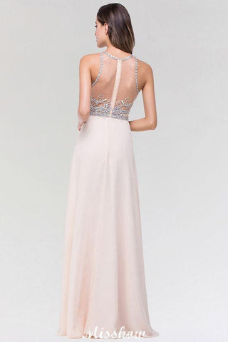Stilvolles A-Linien-Brautjungfernkleid aus Chiffon und Tüll mit U-Ausschnitt, ärmellos, bodenlang und mit Perlenbesatz