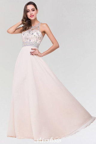 Stilvolles A-Linien-Brautjungfernkleid aus Chiffon und Tüll mit U-Ausschnitt, ärmellos, bodenlang und mit Perlenbesatz