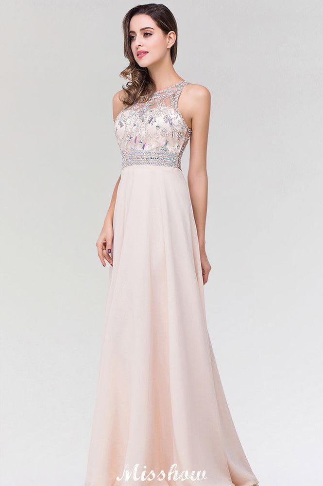 Stylish A-Line Chiffon Tulle Scoop Sleeveless Floor-Length Bridesmaid Dress with Beadings