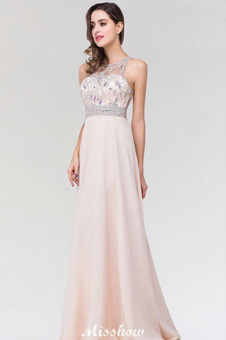 Stilvolles A-Linien-Brautjungfernkleid aus Chiffon und Tüll mit U-Ausschnitt, ärmellos, bodenlang und mit Perlenbesatz