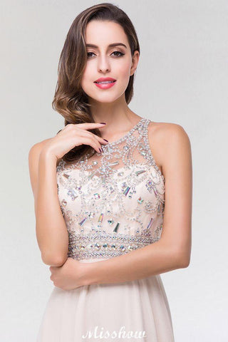 Stilvolles A-Linien-Brautjungfernkleid aus Chiffon und Tüll mit U-Ausschnitt, ärmellos, bodenlang und mit Perlenbesatz