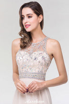 Stylish A-Line Chiffon Tulle Scoop Sleeveless Floor-Length Bridesmaid Dress with Beadings