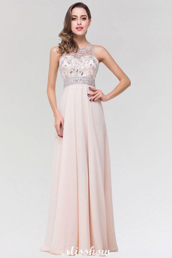 Stylish A-Line Chiffon Tulle Scoop Sleeveless Floor-Length Bridesmaid Dress with Beadings