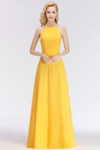 Stylish A-line Halter Sleeveless Floor Length Yellow Bridesmaid Dresses