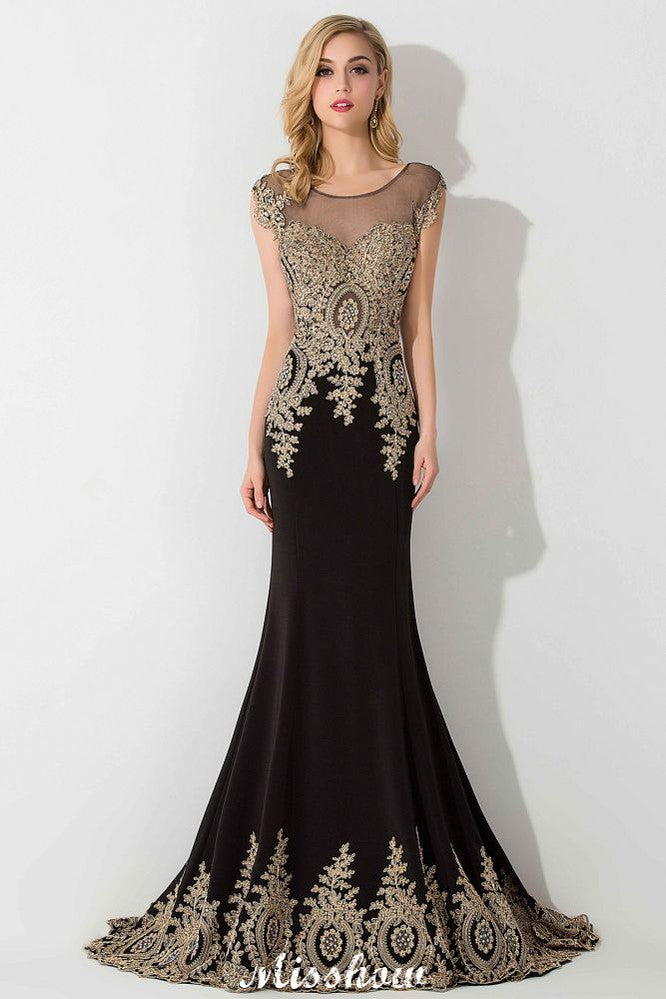 Stilvolles Maxi-Abendkleid mit Flügelärmeln und goldenen Applikationen im Meerjungfrauenstil, ärmelloses Partykleid