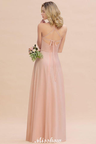 Stilvolles Chiffon-Träger-Ärmelloses bodenlanges A-Linien-Brautjungfernkleid mit Rüschen