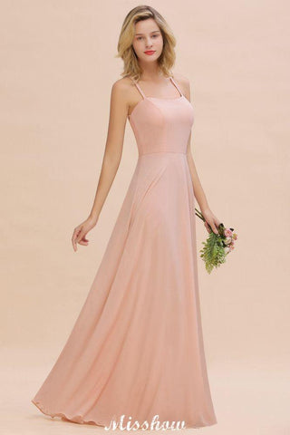 Stilvolles Chiffon-Träger-Ärmelloses bodenlanges A-Linien-Brautjungfernkleid mit Rüschen