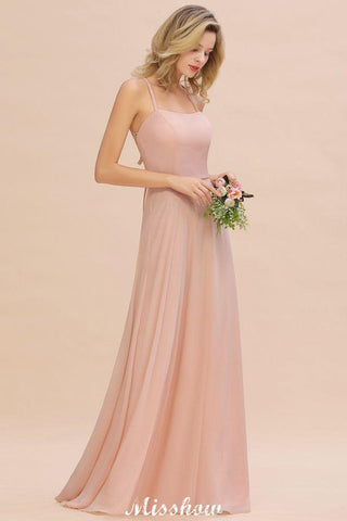 Stilvolles Chiffon-Träger-Ärmelloses bodenlanges A-Linien-Brautjungfernkleid mit Rüschen
