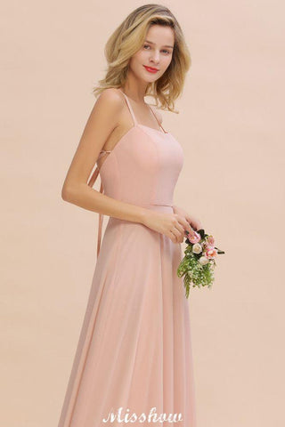 Stilvolles Chiffon-Träger-Ärmelloses bodenlanges A-Linien-Brautjungfernkleid mit Rüschen