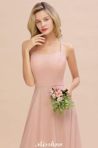 Stilvolles Chiffon-Träger-Ärmelloses bodenlanges A-Linien-Brautjungfernkleid mit Rüschen