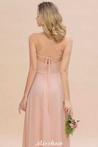 Stilvolles Chiffon-Träger-Ärmelloses bodenlanges A-Linien-Brautjungfernkleid mit Rüschen