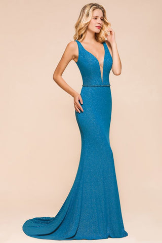 Stilvolles, tiefes, doppeltes V-Ausschnitt-ärmelloses Meerjungfrau-Ballkleid, formelles Partykleid