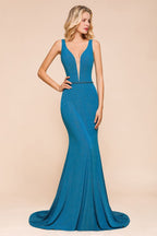 Stilvolles, tiefes, doppeltes V-Ausschnitt-ärmelloses Meerjungfrau-Ballkleid, formelles Partykleid