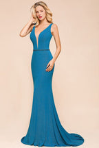 Stilvolles, tiefes, doppeltes V-Ausschnitt-ärmelloses Meerjungfrau-Ballkleid, formelles Partykleid