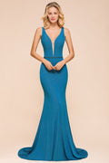 Elegante Abito da Sera Sirena Scollato a Doppia V Profonda Senza Maniche per Feste Formali