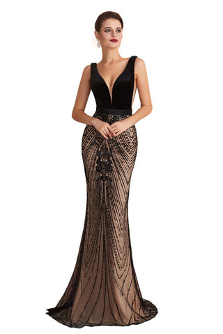 Stilvolles, tiefes, schwarzes, mit Perlen verziertes Meerjungfrau-Ballkleid, ärmellos, schmales Abendkleid