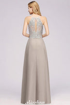 Stylish Floral Appliques Sleeveless Evening Party Gown Aline Silver Chiffon Long Bridesmaid Dress